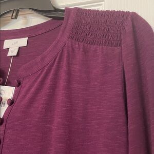 J. Jill Beautiful Plum Henley long sleeve top with smocked shoulder & wrist